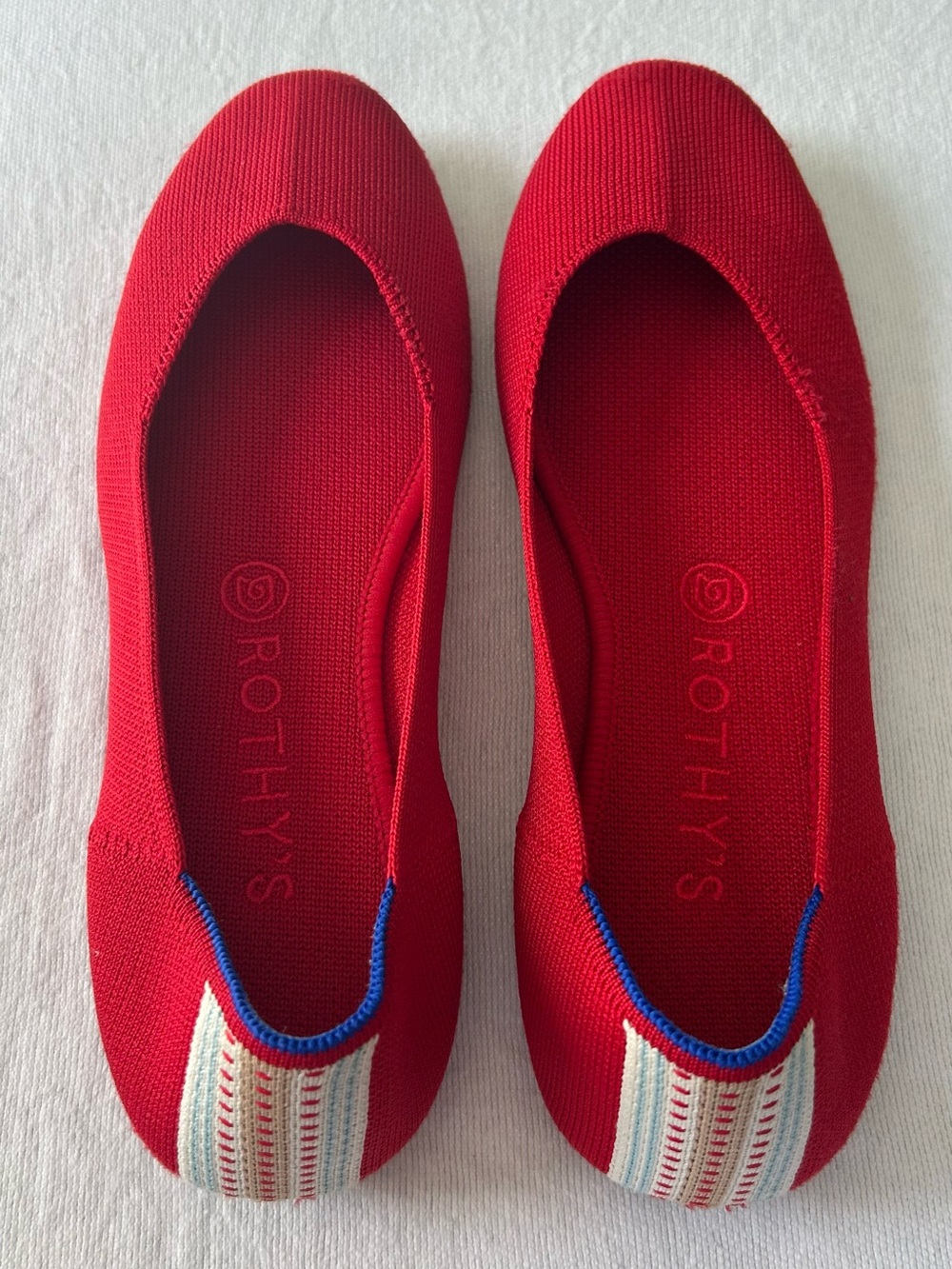 Rothy's Red Knit Ballet Flats with Striped Heel Detail